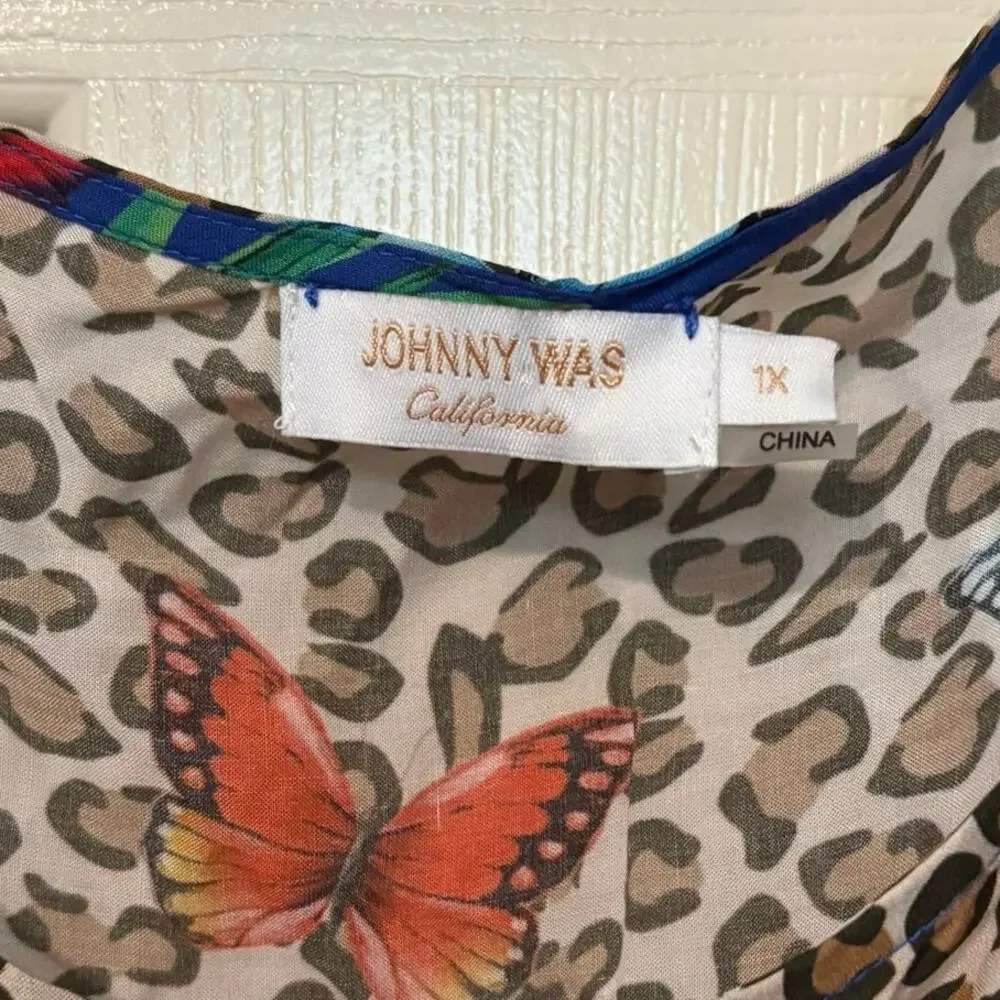Johnny Was Butterfly Cheetah Print Floral Brown Blue Swim Mini Kaftan Size 1X